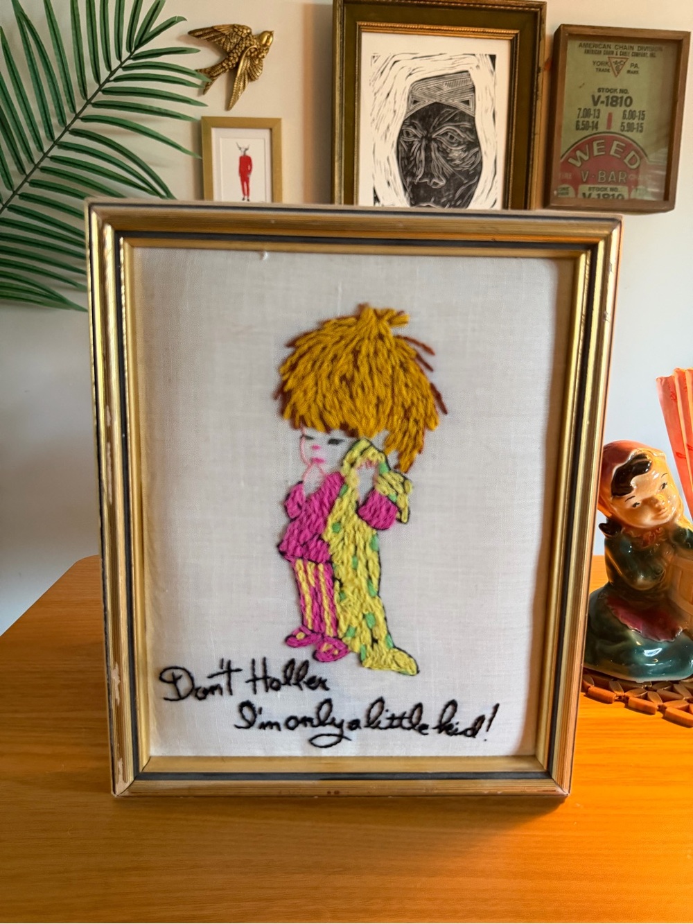 Vintage Framed Embroidered Child Figure Wall Art in Yellow and Pink